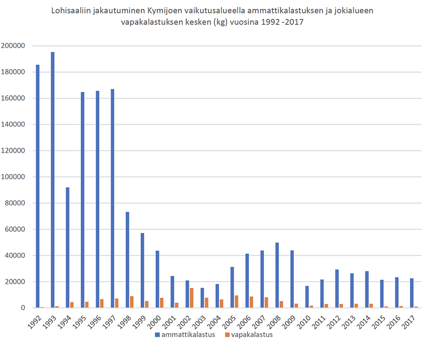 Lohisaaliin jakautuminen Kymijoen vaikutusalueella ammattikalastuksen ja jokialueen
vapakalastuksen kesken (kg) vuosina 1992 -2017